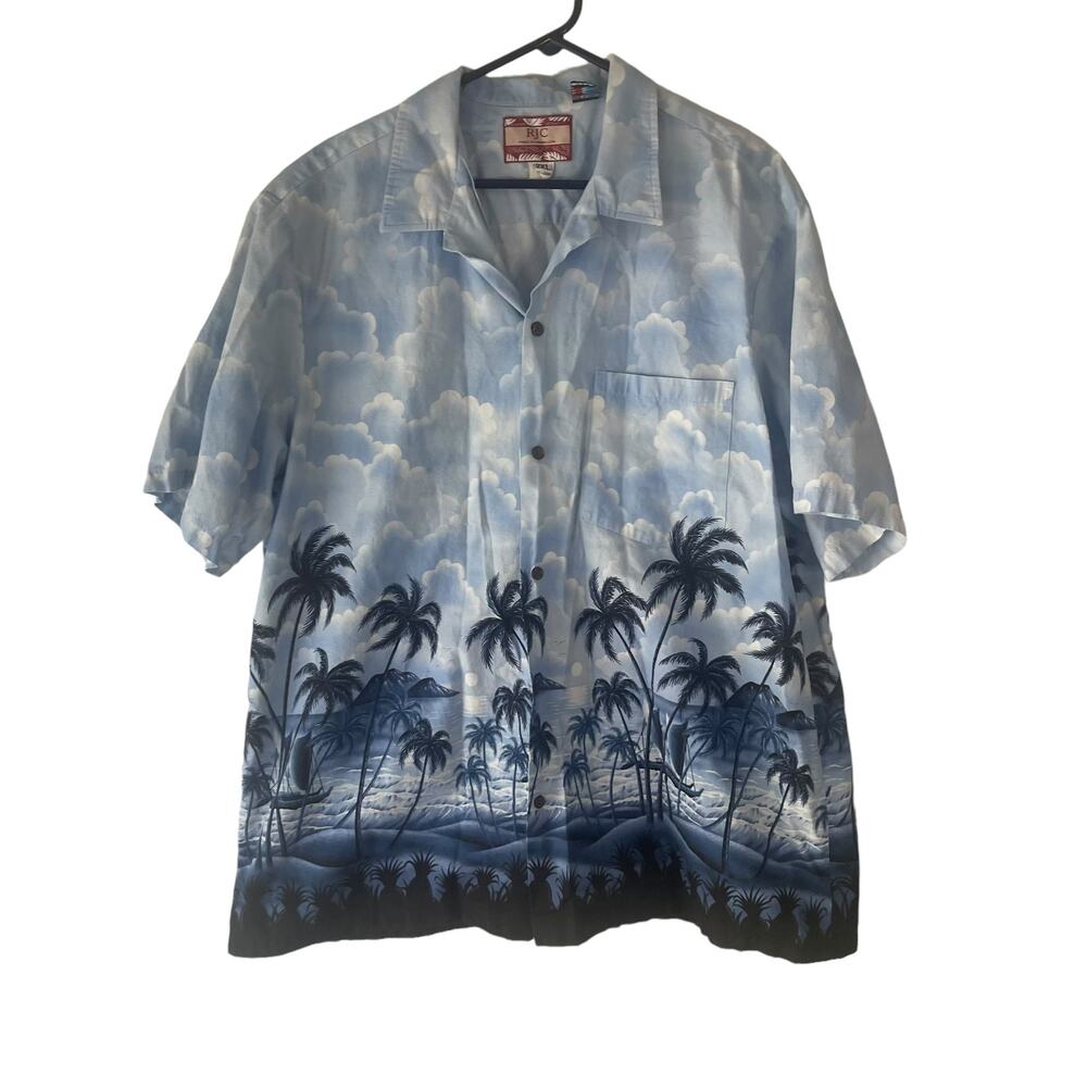 RJC Men's Size 2XL Hawaiian Palm Tree‎ Vacation Blue Button Up